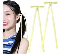 BEIQIYA 2pcs Hair Bow Clips for Women, Silky Long Tail Satin Ribbon Bow Clips, Cute Tassel Double Bowknot Barrettes Accessories Decorations for Braids Ponytails- Yellow