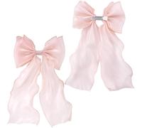 BEIQIYA 2pcs Hair Bows Clips for Women, Large Silk Yarn Bow Hair Barrette with with Long Tail, Non-Slip Bowknot Headpiece Accessories for Traveling Weddings Dating Cosplay Festival Birthday- Pink