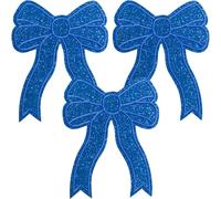 BEIQIYA 3pcs Bow Iron on Patches, Glitter Bowknot Embroidered Applique, Cute Large Bow Patch DIY Decoration for Sewing Jacket Jeans Hat Shirt Clothing- Blue