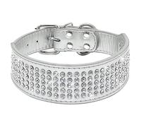 Beirui 2" Width 5 Rows Rhinestone Dog Collars - PU Leather Bling Pet Collar Fit Medium Large Dogs,Silver,L(Neck 19-22")