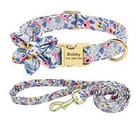 Beirui Custom Flower Girl Dog Collar and Lead Set for Female Dogs- Floral Pattern Engraved Pet Collars with Personalised Gold Buckle(Blue Pattern, L)