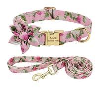 Beirui Custom Flower Girl Dog Collar and Lead Set for Female Dogs- Floral Pattern Engraved Pet Collars with Personalised Gold Buckle(Pink Pattern, S)