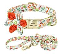 Beirui Custom Flower Girl Dog Collar and Leash Set for Female Dogs- Floral Pattern Engraved Pet Collars with Personalised Gold Buckle(Sun Flower, S)