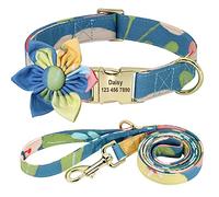Beirui Custom Flower Girl Dog Collar and Leash Set for Female Dogs- Floral Pattern Engraved Pet Collars with Personalised Gold Buckle(Ocean, XS)