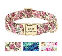 Beirui Floral Pattern Personalized Dog Collar with Engraved Name Plate - Premium Custom Dog Collar with Stainless Steel Buckle - Adjustable Dog ID Collar for Small Medium Large Dogs,Beige Flower,S