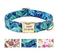 Beirui Floral Pattern Personalized Dog Collar with Engraved Name Plate - Premium Custom Dog Collar with Stainless Steel Buckle - Adjustable Dog ID Collar for Small Medium Large Dogs,Blue Flower,S