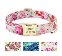 Beirui Floral Pattern Personalized Dog Collar with Engraved Name Plate - Premium Custom Dog Collar with Stainless Steel Buckle - Adjustable Dog ID Collar for Small Medium Large Dogs,Pink Flower,M