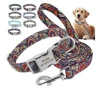 Beirui Nylon Personalised Dog Collar and Lead Set - Soft Ethnic Style collars for Small Medium Large Dogs with Lightweight Buckle,M,Purple Garden