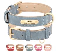 Beirui Personalised Dog Collar with Name Plate, Custom Pet Collar with Name and Phone Number, Padded Leather Dog Collar with Metal Buckle for Small Middle Large Dogs,Blue,L