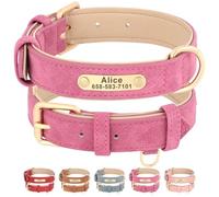 Beirui Personalised Dog Collar with Name Plate, Custom Pet Collar with Name and Phone Number, Padded PU Leather Dog Collar with Metal Buckle for Small Middle Large Dogs,Rose,L