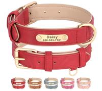 Beirui Personalised Dog Collar with Name Plate, Custom Pet Collar with Name and Phone Number, Padded PU Leather Dog Collar with Metal Buckle for Small Middle Large Dogs,Red,S