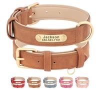 Beirui Personalised Dog Collar with Name Plate, Custom Pet Collar with Name and Phone Number, Padded PU Leather Dog Collar with Metal Buckle for Small Middle Large Dogs,Brown,XL