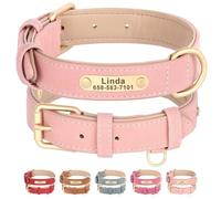 Beirui Personalised Dog Collar with Name Plate, Custom Pet Collar with Name and Phone Number, Padded PU Leather Dog Collar with Metal Buckle for Small Middle Large Dogs,Pink,XL