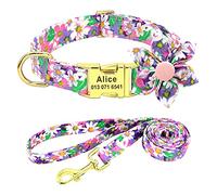 Beirui Personalised Female Dog Collar and Lead Set for Girl Dogs - Custom Pet Dog Collar with Flower for Small Medium Large Dogs - Soft Floral Engraved Collar with Matching Lead (Purple, M)