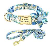 Beirui Personalised Female Dog Collar and Lead Set for Girl Dogs - Custom Pet Dog Collar with Flower for Small Medium Large Dogs - Soft Floral Engraved Collar with Matching Lead (Blue, M)