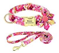 Beirui Personalised Female Dog Collar and Lead Set for Girl Dogs - Custom Pet Dog Collar with Flower for Small Medium Large Dogs - Soft Floral Engraved Collar with Matching Lead (Hot Pink, S)