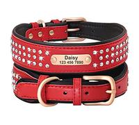 Beirui Personalized Rhinestone Dog Collar for Medium Large Dogs - Bling Dog Collar with Sparkly Crystals - Heavy Duty PU Leather Pet Custom Collar with Metal Buckle (Red,L)