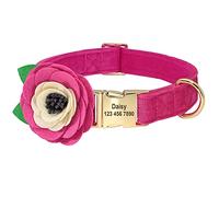 Beirui Soft Velvet Girl Dog Collars with Removable Flower Accessories - Personalised Cute Dog Collar with Custom Name Plate Engraved - Adorable Collar for Small Medium Large Dogs (Hot Pink,M)