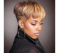 BeiSD Short Pixie Cut Wig - Synthetic Wigs for Women, Heat Resistant, Natural Brown with Blonde Bangs