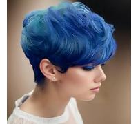 BeiSDWig Blue Synthetic Wigs for Women - Short with Bangs, Highlighted Blue Hair