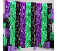 BEISHIDA 3Pcs Purple Green Black Door Streamer Backdrop Foil Fringe Tinsel Curtains Backdrops for Monster Truck Theme Birthday Party, Monster Truck Party Supplies (3.28 ft x 6.56 ft)