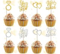 BEISHIDA He Asked She Said Yes Cupcake Toppers, 24 Pcs Engagement Cupcake Toppers Glitter Diamond Ring Heart Cupcake Picks for Wedding Engagement Bridal Shower Party Cake Decorations(Gold and Silver)