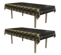 Beistle 2 Piece Disposable Plastic Elegant Roaring 20's Rectangular Table Covers 1920's Gatsby Theme Party Decorations Supplies, 54" x 108", Black/Gold