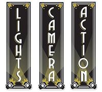 Beistle 54328 Lights Camera Action Cutouts - 3-Pack Double-Sided Hollywood Party Decorations - Vertical Theater Signs for Movie Night Awards Show or Film Theme Events - 19¼", Cardboard, Multi Color