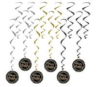Beistle 56533 Happy Whirls - 12 Pack, Black, Gold & Silver Hanging Swirl Decorations, Elegant Metallic Ceiling Party Streamers for Milestone Birthdays, Banquets & Home Celebrations, 17½”-30½”, Plastic