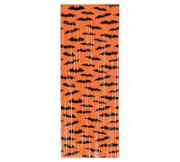 Beistle Bat 1-Ply Plastic Fringe Curtain - Halloween Party Door Decoration, Orange & Black Hanging Backdrop with Printed Bat Design for Haunted House, Costume Contest, Doorway or Wall Décor, 8’ x 3’