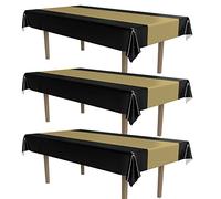 Beistle Black & Gold Striped Tablecovers, 54” x 108”, 3 Pieces - Plastic Table Cloth, Rectangular Tablecloth, Table Covers for Party, Graduation Tablecloth, Awards Night Decorations