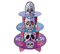 Beistle Day of The Dead Cupcake Stand, 16”- Dia de Los Muertos 3-Tier Treat Display, Sugar Skull Dessert Tray for Halloween Celebrations and Mexican Fiestas