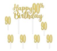 Beistle Happy “90th” Birthday Cake Toppers - 2 Gold Glittered 6" x 8¼" Decorative Top Pieces with Twelve 1" x 3½" “90” Picks, Sparkling Dessert Decorations for 90th Birthday Parties & Celebrations