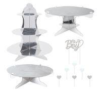 Beistle It’s A Boy Dessert Display Bundle - Silver Metallic Cupcake Stand, 2-Tier Cake Stands & Glitter “It’s A Boy” Cake Topper with Heart Picks, Baby Shower & Reveal Party Supplies for Food Tables