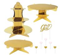 Beistle It’s A Girl Dessert Display Bundle - Gold Metallic Cupcake Stand, 2-Tier Cake Stands & Glitter “It’s A Girl” Cake Topper with Heart Picks, Baby Shower & Reveal Party Supplies for Food Tables