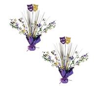 Beistle Mardi Gras Gleam 'N Spray Centerpieces, 2 Count Glittered Comedy Tragedy Faces with Metallic Foil Fleur De Lis Base for Carnival and New Orleans Celebrations, 15, Green/Gold/Purple