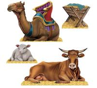 Beistle Nativity Scene Stand-Ups, Large Biblical Christmas Setting for Indoor Holiday Decorations, Corrugated Cardboard Animal Figures with Easels, Sheep, Manger, Cow & Camel, Set of 4