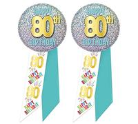 Beistle RS554 2 Piece Happy 80th Birthday Button Pins Wearable Rosettes for Party Celebration Favors, Paper Metal Fabric, Multicolor