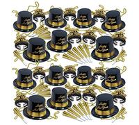 Beistle S88780BKG25AZ2 Legacy Happy New Year's Eve Party Supplies Assortment for 50 People-NYE Photo Booth Props-Hats, Tiaras, Horns, Necklaces, Plastic Paper, Black/Gold/White