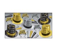 Beistle Silver & Gold New Year Party Kit for 10 - Celebration Set of Festive NYE Midnight Accessories, Hi-Hats, Tiaras & Foil Horns, Classic Metallic New Year’s Eve Countdown Event Headwear Supplies