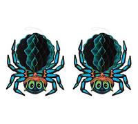 Beistle Tissue Spiders, 2 Piece Vintage Halloween Decorations, 12" x 12.5", Blue/Black/Brown/Green