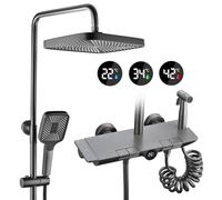 BEITH Thermostatic Shower System, 4 Piano Keys Shower Faucet Set, 30x21cm Square Shower Set with Waterfall Bath Tap, LED Digital Display, Hydroelectric Power, Booster Spray Gun, Height Adjustable