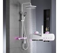 BEITH Thermostatic Shower System, 4 Piano Keys UFO Shower Faucet Set, 31x20cm Square Shower Set, Digital Display, 360° LED Ambient Light, Hydroelectric Power, with Bathtub Faucet, Booster Spray Gun