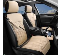 BEITK 2 Pack Leather Front Car Seat Covers, Universal Sideless Car Seat Protectors with Storage Pocket and Seat Belt Pads, Waterproof Automotive Seat Cover for Cars Trucks SUV(Beige)