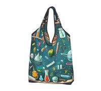 BEIVGOXL Cartoon Science Theme Printed Foldable Shoppers Tote,Cute Waterproof Shopping Bags,Reusable Portable Grocery Bags, Black, 1