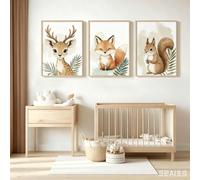 BeiYiHo 3 Animals Forest Bedroom Baby Poster 30 x 40 cm Deco Savannah Child Watercolour Fox Deer Squirrel Picture Jungle Animals Green Canvas Wall Poster Girl Boy Baby