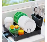 Beizkna Dish Drainer Rack Stainless Steel Dish Drying Rack Kitchen with Drip Tray Space-Saving Draining Board Rack for Counter Sink with Cutlery Holder for Utensil Washing Up, Black 15.7''L x 12''W