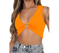 BEJONS Women Sexy Y2k Corset Like Crop Top Deep V Neck Bra Night Going Out Festival Rave Top, Orange, XL