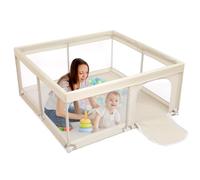 BEJOY Baby Playpen, Play Pen for Baby and Toddlers, Compact and Strong, Foam Protection, Anti-Slip Safety Play Yard with Transparent Breathable Mesh Round Zipper Door Kids Activity Centre 125cm Beige