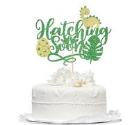 Bekaterea Dinosaur Hatching Soon Cake Topper,Farm Themed Dinosaur Baby Shower Gender Reveal Party Decorations,Welcome Baby Cake Decoration,Green Glitter